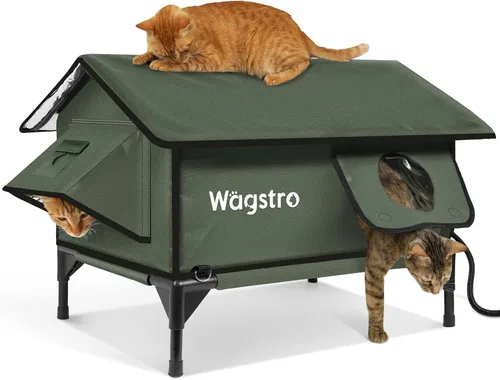 Vista 7 de Casa climatizada a dos aguas para gatos exteriores en invierno, 100% impermeable, puerta de escape, elevada, refugio aislado para gatos al aire