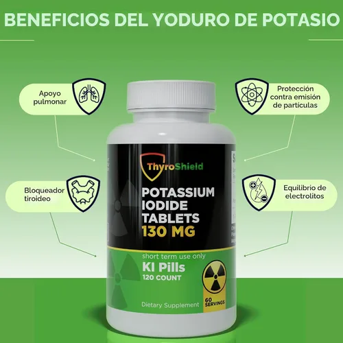 Vista 3 de Tabletas de yoduro de potasio 130 mg 120ct KI Tablets - Protección contra la Radiación Nuclear - Píldoras de yodo de potasio - YODO Naciente - KI