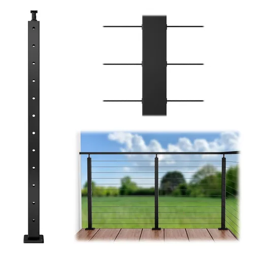 Vista 9 de Muzata Paquete de 4 postes de barandilla de cable negro de 42 pulgadas, 42 x 2 x 2 pulgadas, montaje en superficie perforada de nivel T304, kit