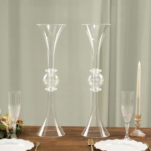 Vista 4 de Tableclothsfactory Paquete de 2 Centro de mesa de trompeta con adornos de cristal transparente de 21 pulgadas, jarrón reversible de plástico