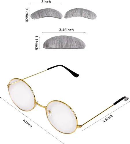Vista 4 de dipartro Disfraz de anciano para niños y hombres, juego de accesorios de disfraz de abuelo con cejas falsas de bigote, barba, tubos, bastón, gafas