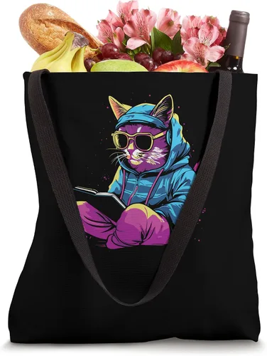 Vista 4 de Cat Books Kitten - Pet Owner Feline Synthwave Cat Tote Bag