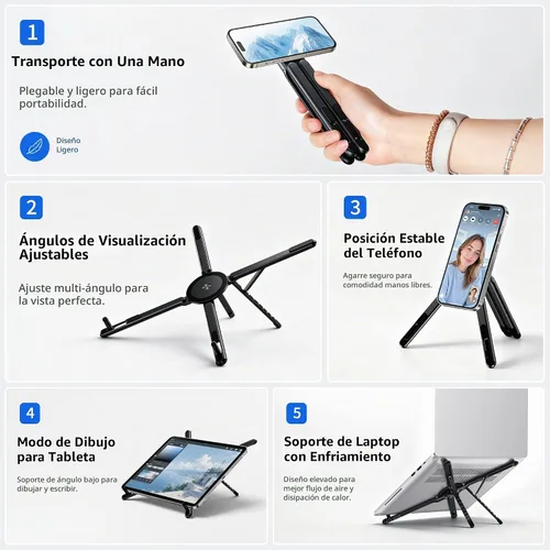 Vista 8 de Soporte portátil para portátil, 3 en 1 magnético plegable ajustable, para E05S-Negro