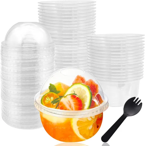 Vista 8 de Paquete de 50 vasos de plástico para parfait de 12 onzas con tapas de cúpula, vasos de parfait de yogur con cucharas-tenedor, vasos de plástico