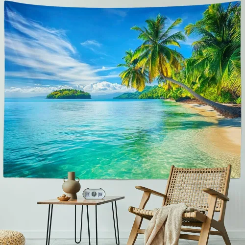 Vista 3 de Serborlur Tapiz para colgar en la pared con fondo de playa azul y mar, tapiz de pared tropical paraíso palmera, arte de pared, tapiz bohemio