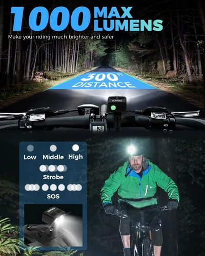 Vista 2 de Luz de Casco LED Faro de Bicicleta Recargable Luz de Casco de Bicicleta IP65 Impermeable 1000 Lúmenes 5 Modos de Iluminación Luz de Casco