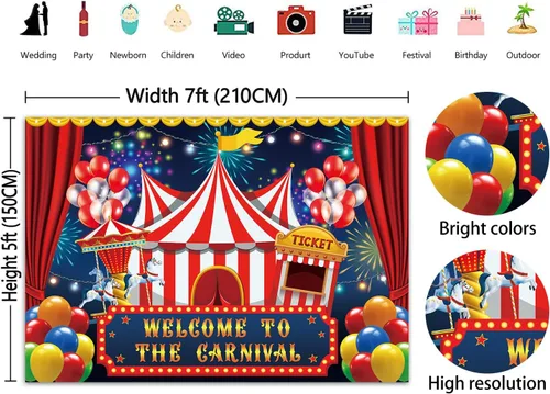 Vista 5 de Telón de fondo de circo de carnaval de 7 x 5 pies, carpa de circo, telón de fondo para fiesta, carrusel, taquilla, fondo para niños, niños, bebés