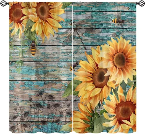 Vista 14 de Sunflower Curtains for Living Room Bedroom, Spring Nature Blue Sky and Butterfly Window Drapes, Rustic Wooden Fence Floral Botanical Decor, 2 Panels