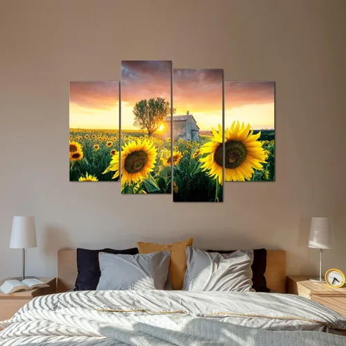 Vista 2 de Biuteawal Lienzo decorativo de girasol para pared, 4 piezas, puesta de sol, paisaje, impresión de flores amarillas, cuadro enmarcado, arte de campo