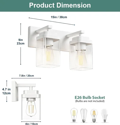 Vista 4 de Lámparas blancas para baño, 2 luces de baño, accesorios de iluminación sobre el espejo, diseño cuadrado y placa trasera grande rectangular