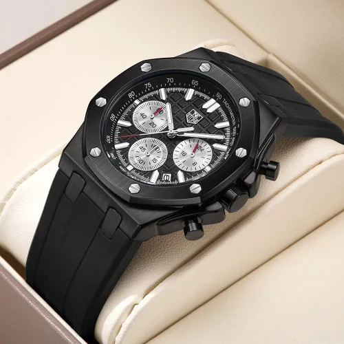 Vista 2 de Men's Watch Silicone Band, Quartz Analog Waterproof Multifunction Chronograph Sports Watch for Men with Calendar Black Rubber Strap