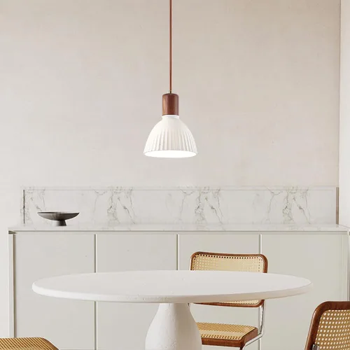 Vista 4 de White Ceramic Lampshade Pendant Light Height Adjustable Hanging Light Fixture Modern Vintage Wood Pendant Lamp for Kitchen Island Dining Room