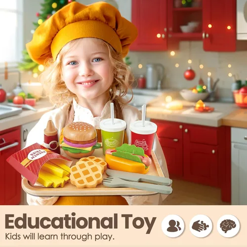 Vista 7 de Juego de Comida de Simulación para Cocina Infantil, Juego de Hamburguesas de Comida Rápida de Madera, Juguetes de Comida para Cocina de Simulación