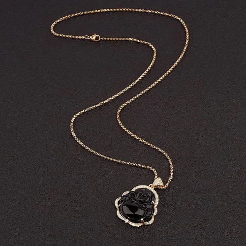 Vista 3 de ASGIFT Collar de Buda sonriente con circonita cúbica, colgante de Buda de jade verde con cadena chapada en oro de 18 quilates, collar de Buda