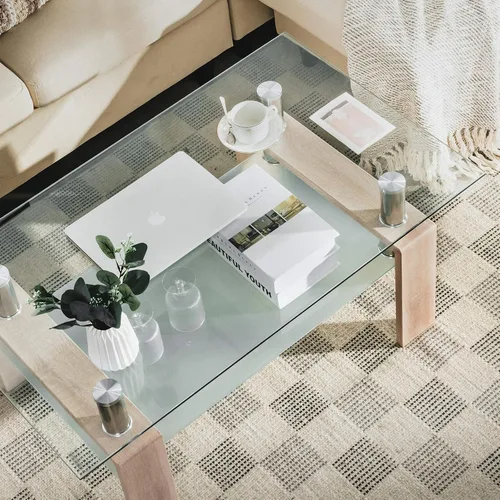 Vista 4 de Tangkula Mesa auxiliar rectangular de cristal, mesa auxiliar moderna con estante inferior, mesa de vidrio templado y patas de metal, adecuada