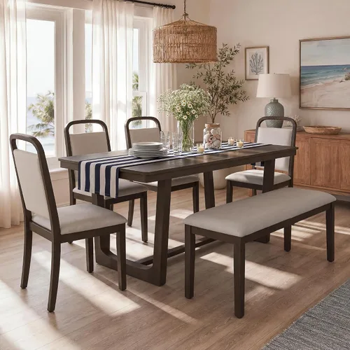 Vista 33 de Juego de mesa de comedor rústica de 6 piezas con mesa rectangular de caballete y 4 sillas tapizadas y banco, juego de mesa de comedor de cocina