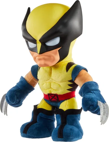 Vista 5 de Mattel Marvel X-Men Peluche con sonidos y voz, coleccionable Wolverine de 1997 con traje amarillo y estilo de animación retro