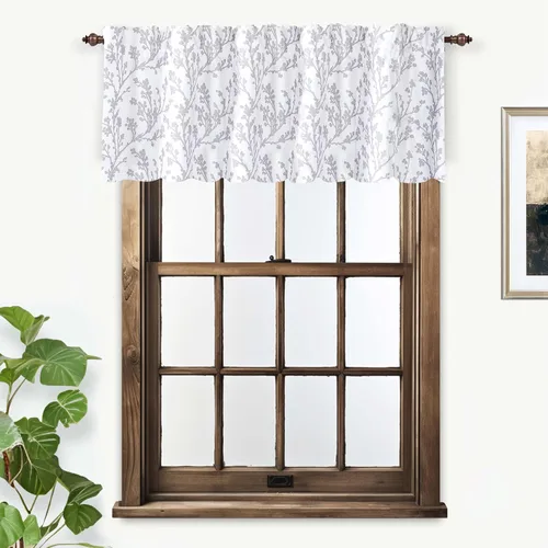 Vista 5 de DriftAway Cenefas opacas de 18 pulgadas gris y blanco para ventanas, dormitorio, sala de estar, bolsillo para cortinero, árbol de granja, rama