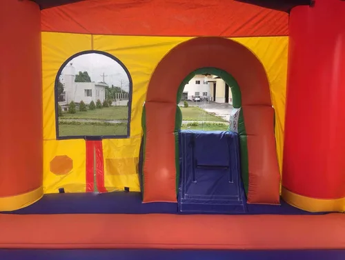 Vista 7 de Pogo Bounce House Crossover inflable con tobogán sin soplador, arcoíris sonriente 18 x 12 x 14.5 Foot Bounce House Combo Waterslide with