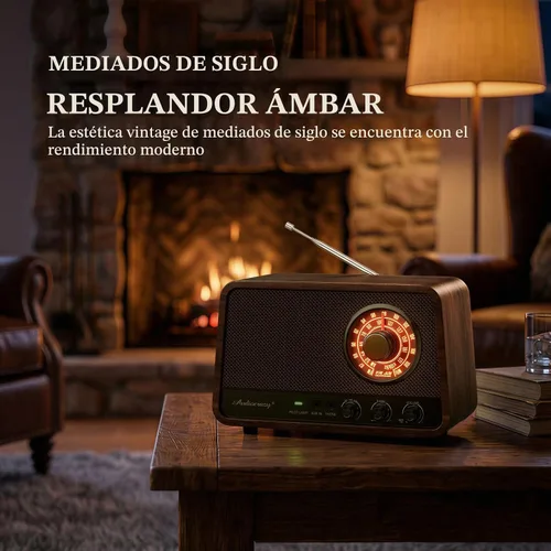 Vista 7 de Radio Bluetooth AM FM de madera vintage, sonido potente de 10 W
