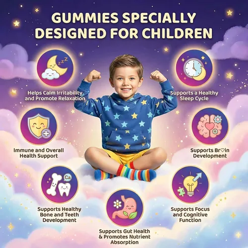 Vista 3 de Gomitas calmantes de magnesio para niños y adultos, complejo de magnesio con L-teanina, vitamina C, K2, D3, Omega-3, GABA, manzanilla, apoya
