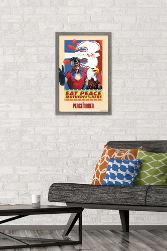 Vista 2 de DC Comics TV Peacemaker - Póster de pared Eat Peace, 22.4 pulgadas de largo x 14.7 pulgadas de ancho, versión enmarcada de madera de granero