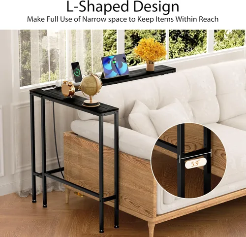 Vista 4 de Mesa de sofá de consola estrecha de 78 pulgadas con tomas de corriente y 2 puertos USB, en forma de L detrás del sofá, 3 opciones de montaje, mesas
