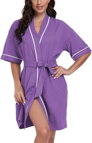 Vista 24 de COLORFULLEAF Bata de baño de manga corta para mujer, 100% algodón, longitud hasta la rodilla, con bolsillos
