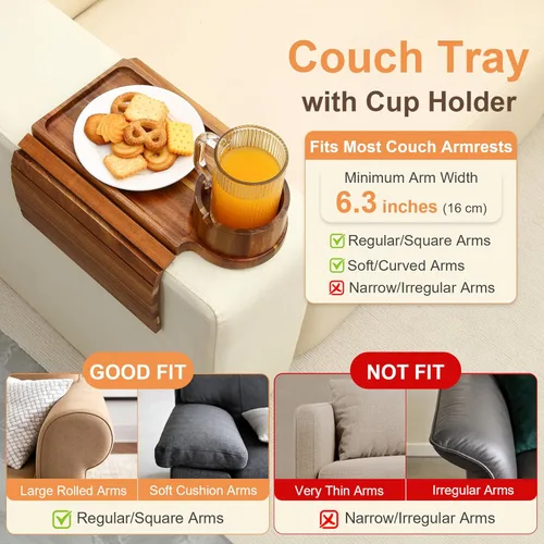 Vista 2 de Bandeja para portavasos de sofá, mesa de madera de acacia con soporte para teléfono, bandeja plegable grande para sofá para mesa de aperitivos