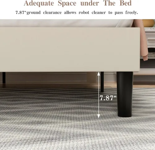 Vista 5 de VECELO Base de cama Queen con puertos tipo C y USB, plataforma tapizada de algodón y lino ajustable en altura ajustable, no necesita somier, sin