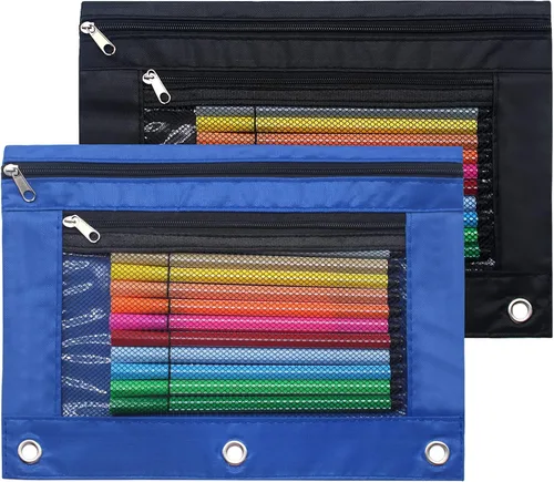 Vista 11 de Estuche para lápices de 3 anillos con cremallera, estuche de lona con 2 compartimentos (juego de 2, negro)