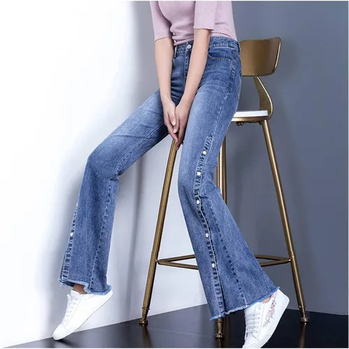 Vista 3 de BBSJ - Pantalones de mezclilla acampanados para mujer, para primavera y otoño, con abertura lateral, cintura alta, acampanados, pantalones de mujer