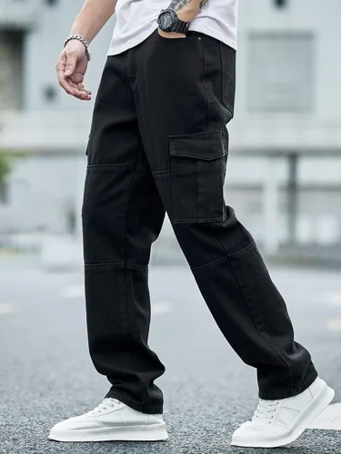 Vista 4 de WDIRARA Pantalones de mezclilla tipo cargo texturizados para hombre, pierna recta, con múltiples bolsillos con solapa