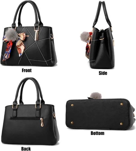 Vista 6 de Bolsos de cuero para mujer, bolso de hombro con asa superior, con pompón y lazo
