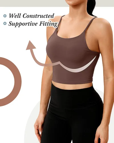 Vista 4 de 3 piezas de brasier deportivo de línea larga para mujer, con tirantes delgados, parte superior acolchada para yoga, entrenamiento, fitness, brasier
