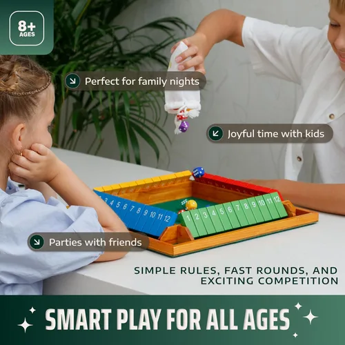Vista 8 de Shut The Box Game Tablero de madera para 4 jugadores, juego de 14 pulgadas, 12 números para adultos y niños, ideal para noche