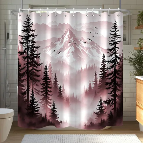 Vista 8 de Cortina de Ducha Azul Bosque de Pino Montaña Aves Paisaje Nebuloso Cortina de Ducha Impermeable de Tela para Decoración de Baño 60x72 Pulgadas