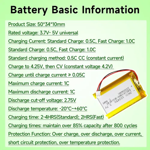 Vista 5 de 103450 Batería 3.7V 2000mAh 7.4wh Lipo Batería recargable con 2 cables JST 0.079 in Conector para altavoz y dispositivo inalámbrico (paquete de 1)
