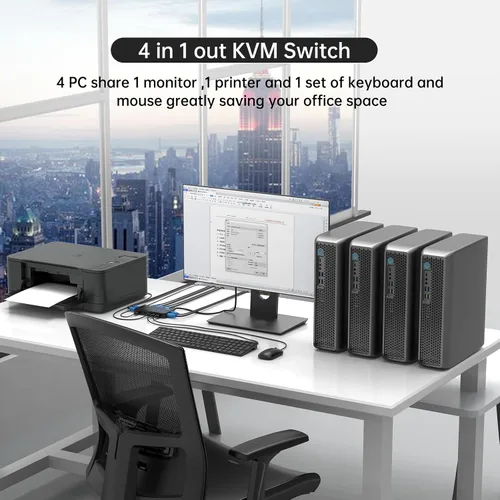 Vista 2 de MT-VIKI Conmutador KVM HDMI 4 Puertos Cajas, Consola KVM HDMI USB 4K a 30Hz para 4 PCs Comparte 1 Monitor HD y Teclado Ratón, Botón + Conmutación