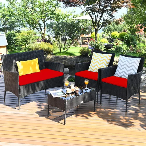Vista 11 de Tangkula Juego de muebles de patio de 4 piezas, juego de conversación de mimbre para exteriores con mesa de centro de vidrio templado, sofá biplaza
