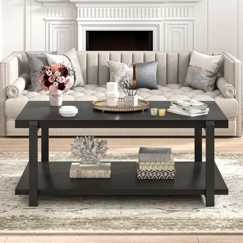 Vista 6 de FOLUBAN - Mesa de café negra, mesa de centro moderna de madera rústica con almacenamiento para sala de estar, mesa de té industrial de 2 niveles