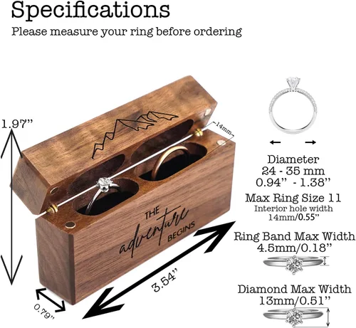 Vista 2 de Tinnberlohas Caja de madera para anillos Caja de anillo doble delgada grabada para ceremonia de boda, propuesta de compromiso, ideas de regalo