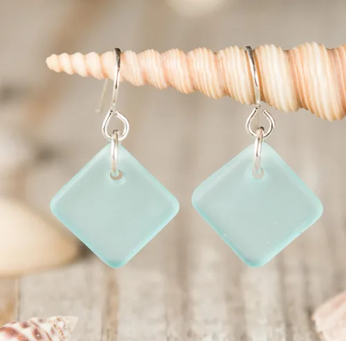Vista 5 de Delicate Diamond Sea Glass Earrings, Beach Glass Earrings for Women by EcoSeaCo, using sustainable, recycled and repurposed material. Handmade