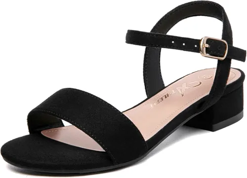 Vista 18 de Athlefit Sandalias para niñas, puntera abierta, correa en el tobillo, tacones bajos, zapatos de vestir para niñas pequeñas y grandes