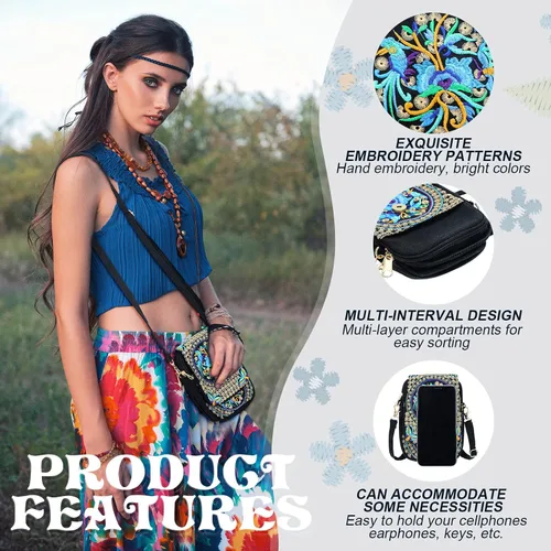 Vista 4 de 3 unids mujeres vintage bordado étnico hecho a mano mochila flor Crossbody bolsa Hmong mochila bolso mexicano, Azul series, Serie Azul