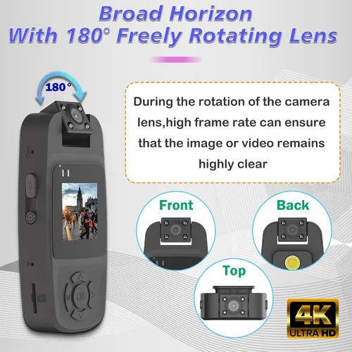 Vista 5 de Mini cámara corporal 4K con grabación de video, cámara corporal WiFi portátil con lente giratoria de 180° y visión nocturna para trabajo, viajes