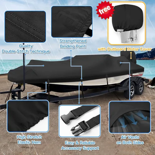 Vista 2 de Funda impermeable de poliuretano 1200D resistente para lancha, lona de poliéster de grado marino, para casco en V de 14 a 16 pies, lancha de pesca