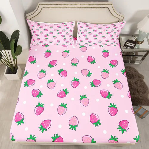 Vista 2 de Erosebridal Juego de sábanas de fresa, tamaño individual, diseño de fresa rosa para niñas y niños, sábana bajera ajustable de frutas tropicales