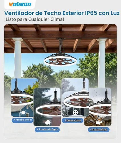 Vista 5 de VOLISUN Ventiladores de techo para exteriores con luz para patios, ventilador de techo resistente a la intemperie, enchufe de 19.7 pulgadas Madera