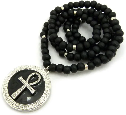 Vista 3 de Pave Ronda de Ankh egipcio colgante 8mm 36" Wooden Bead Collar Plata Tono Negro